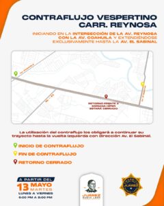 Anuncia Juárez carril de contraflujo vespertino  en Avenida Reynosa